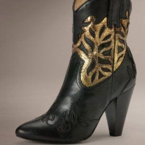 Frye "Regina" Gold Overlay Black Leather Bootie